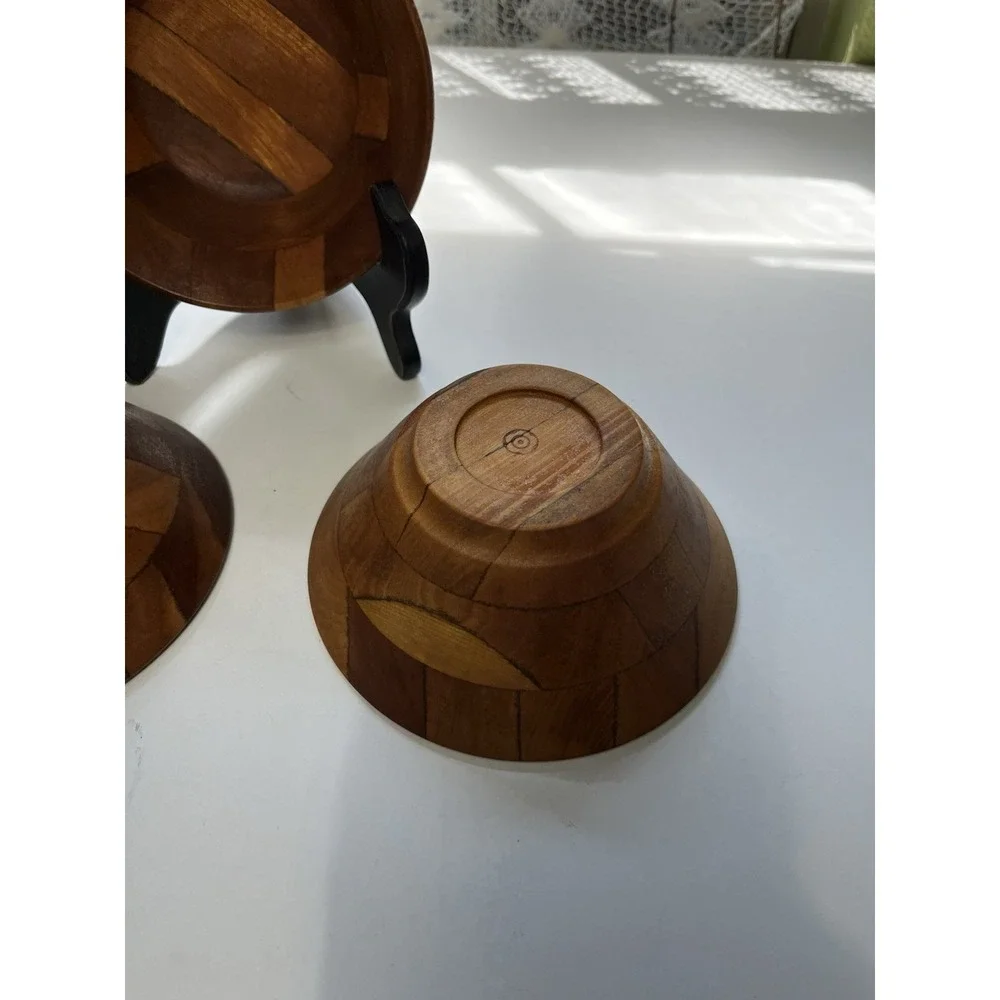 Vtg MCM Segmented Artisan Made Wood Bowl Bullseye Mark Patent Japan 6